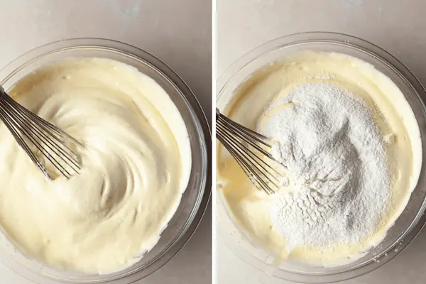 مخلوط کردن تخم مرغ با آرد برای کیک رولت انار