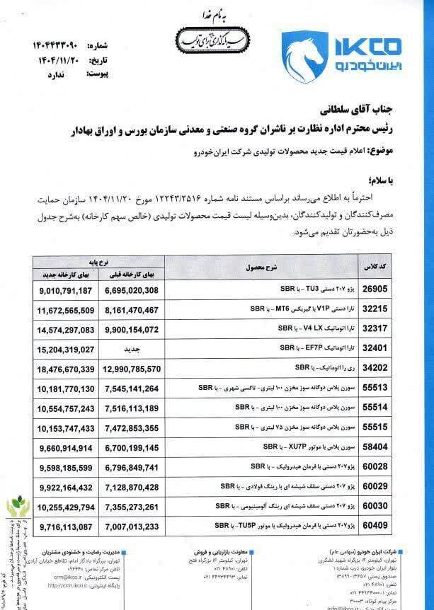 ایران خودرو افزایش نرخ محصولات خود را بار دیگر اعلام کرد (۲۱ بهمن ۱۴۰۴)